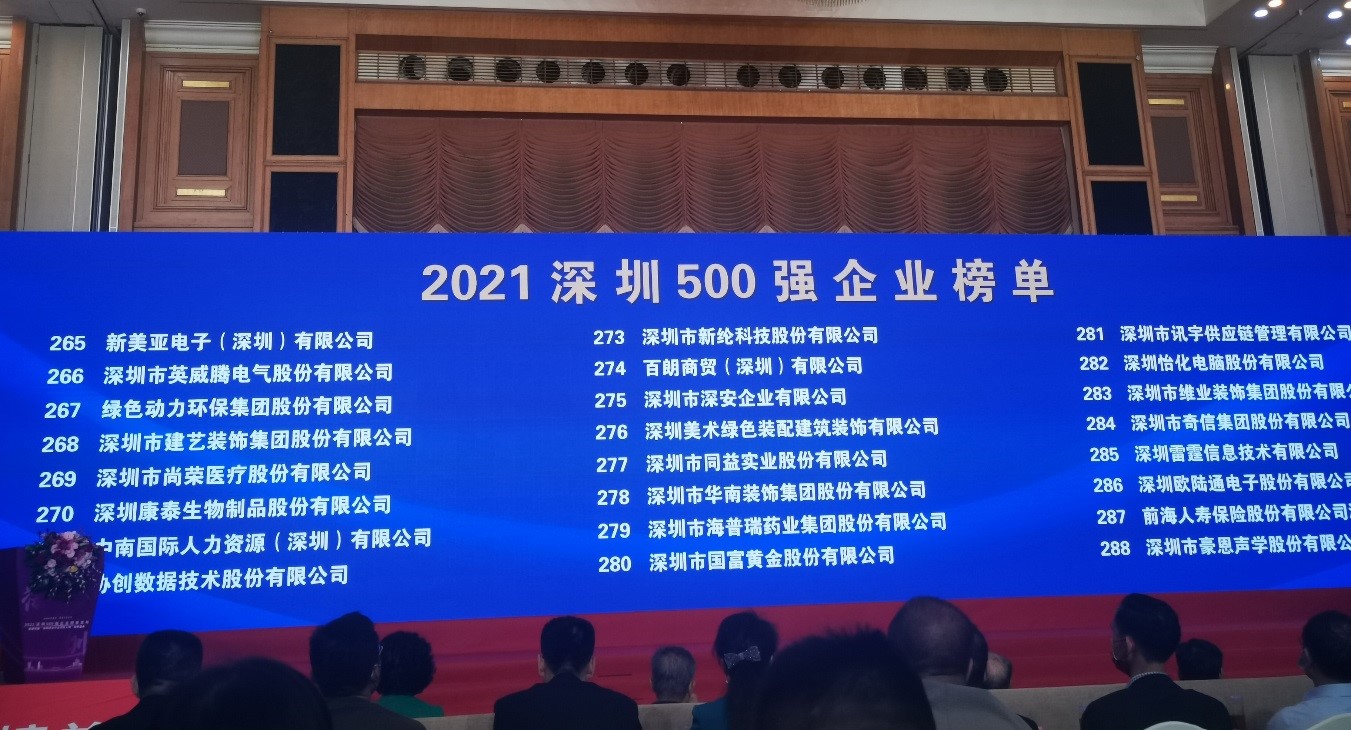 非凡娱乐上榜2021深圳企业500强